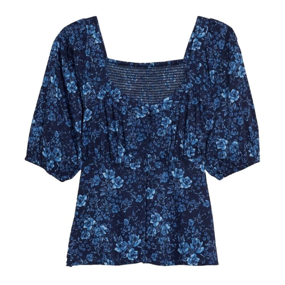 Old Navy Peasant Top Size Medium Blue Floral Puff Sleeve Smocked Blouse 739572